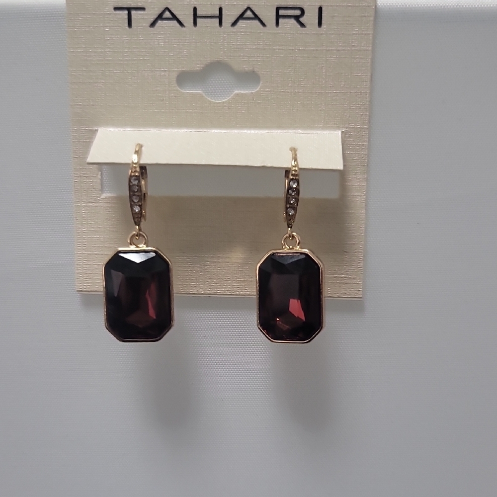 Tahari Gold-Tone Dark Burgundy Emerald-Cut Crystal Drop Earrings - Picture 3 of 11